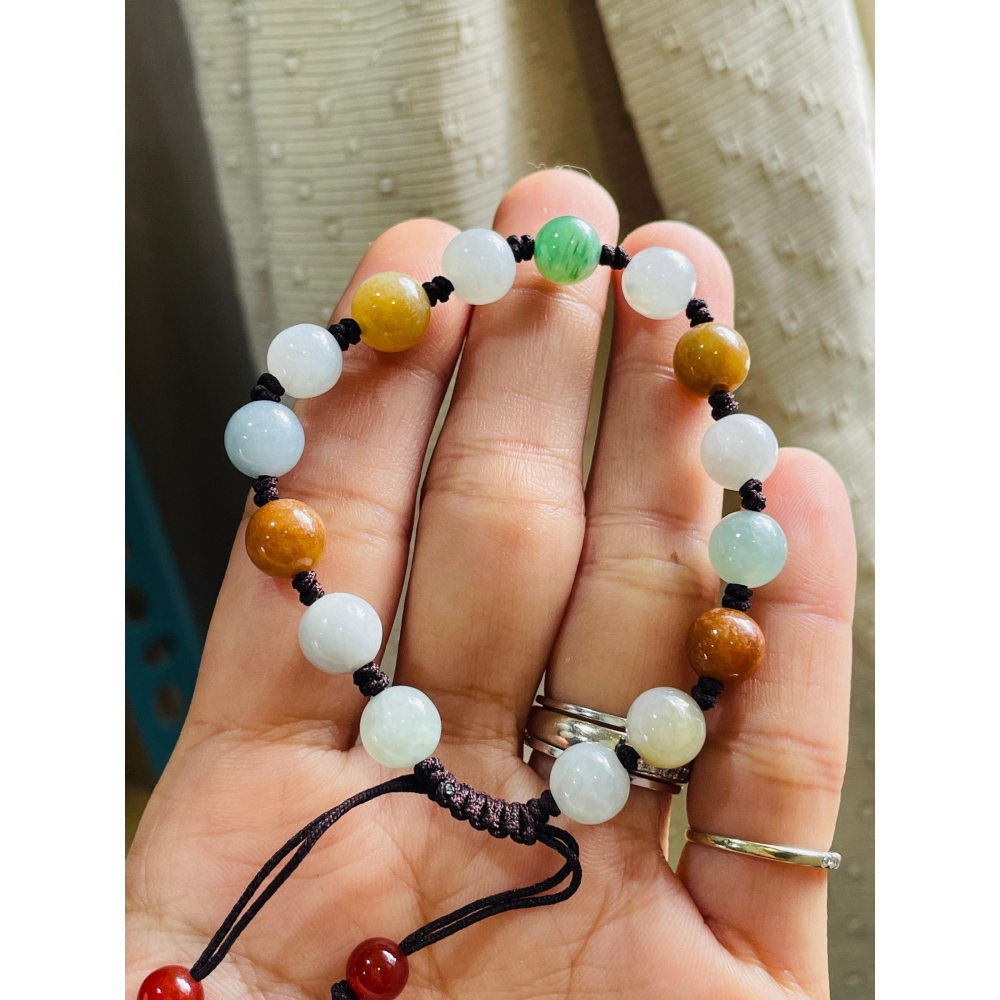 天然A貨緬甸玉 水潤多寶8mm圓珠翡翠手串/手鍊16cm手圍 紅黃綠白色多彩 完美度85%-細節圖2