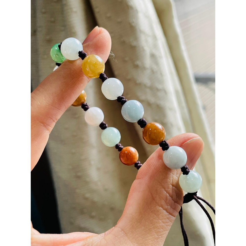 天然A貨緬甸玉 水潤多寶8mm圓珠翡翠手串/手鍊16cm手圍 紅黃綠白色多彩 完美度85%-細節圖3