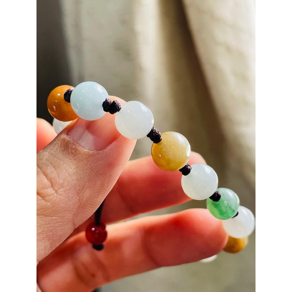 天然A貨緬甸玉 水潤多寶8mm圓珠翡翠手串/手鍊16cm手圍 紅黃綠白色多彩 完美度85%-細節圖4