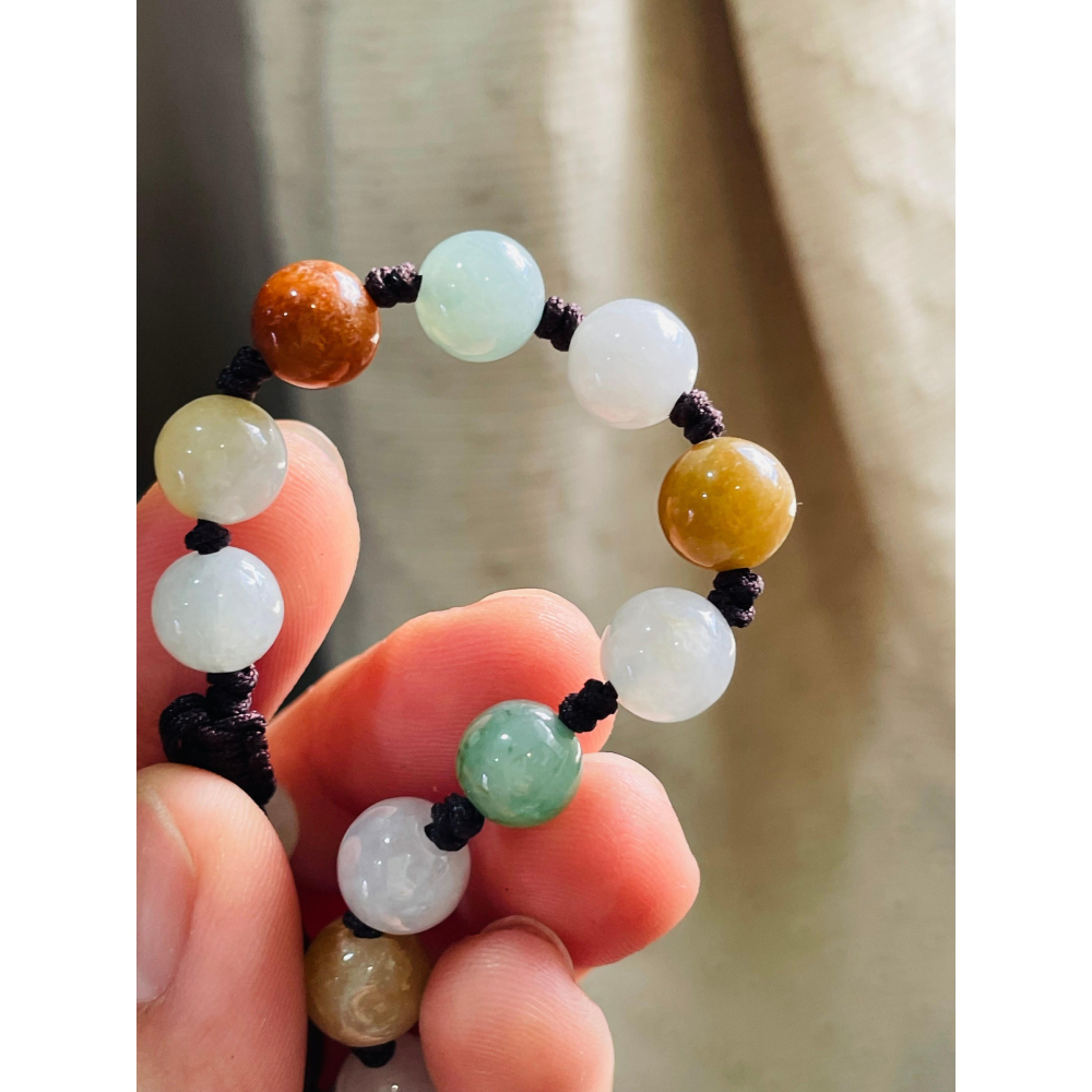 天然A貨緬甸玉 水潤多寶8mm圓珠翡翠手串/手鍊16cm手圍 紅黃綠白色多彩 完美度85%-細節圖5