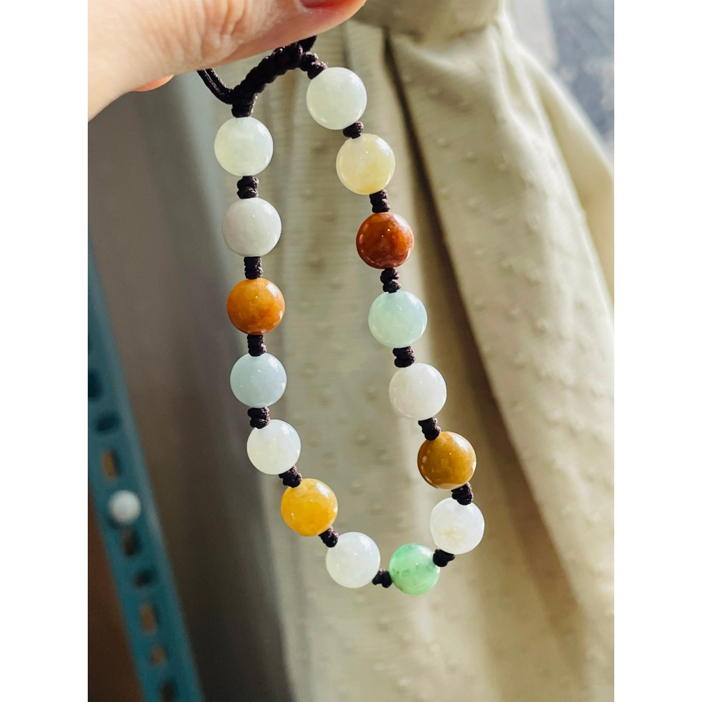天然A貨緬甸玉 水潤多寶8mm圓珠翡翠手串/手鍊16cm手圍 紅黃綠白色多彩 完美度85%-細節圖6