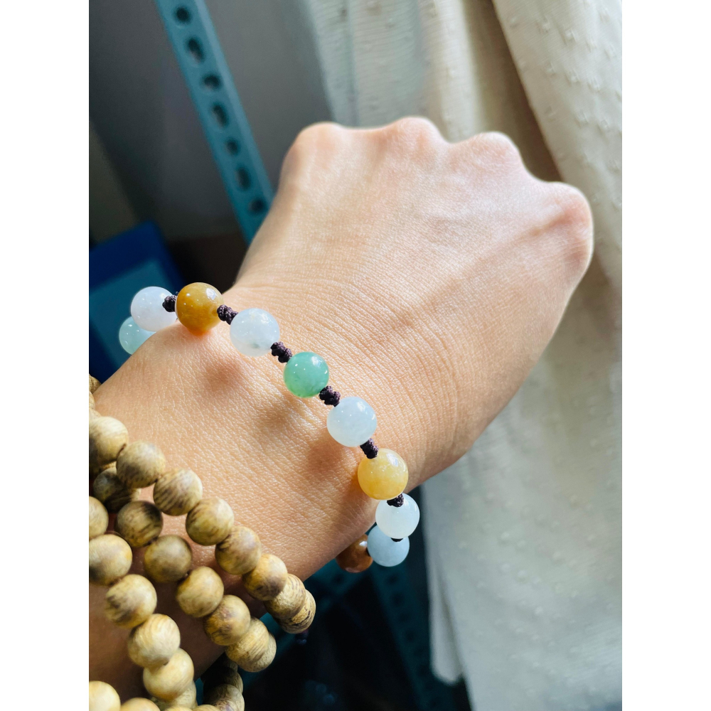 天然A貨緬甸玉 水潤多寶8mm圓珠翡翠手串/手鍊16cm手圍 紅黃綠白色多彩 完美度85%-細節圖7