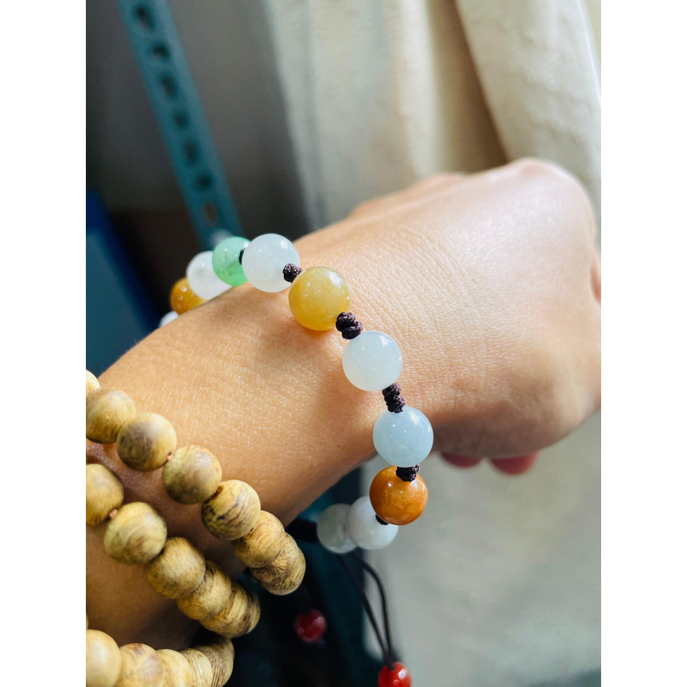 天然A貨緬甸玉 水潤多寶8mm圓珠翡翠手串/手鍊16cm手圍 紅黃綠白色多彩 完美度85%-細節圖8