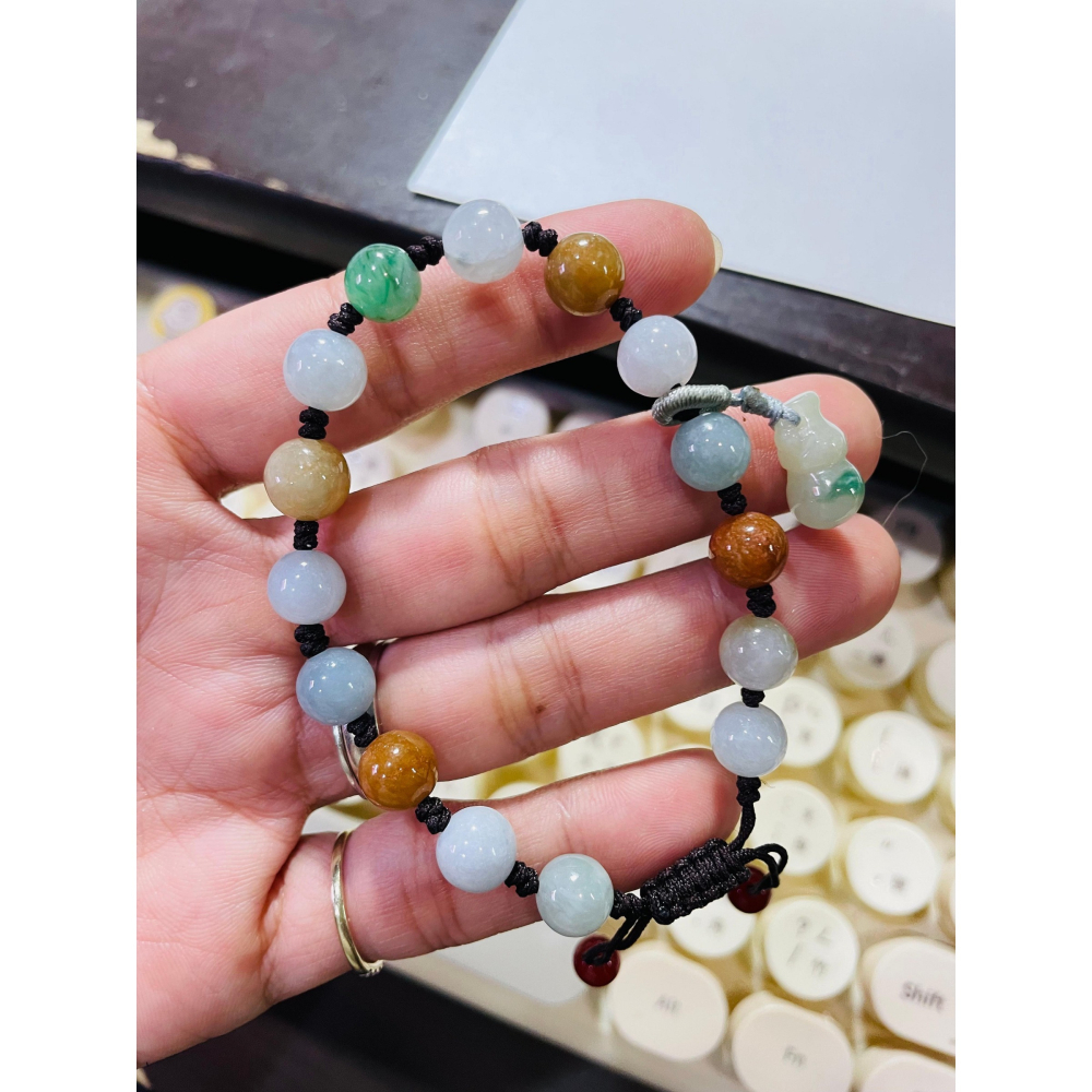 天然A貨緬甸玉 水潤多寶8mm圓珠翡翠手串/手鍊16cm手圍 紅黃綠白色多彩 完美度85%-細節圖9