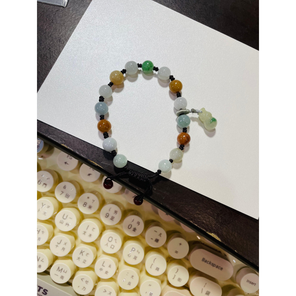 天然A貨緬甸玉 水潤多寶8mm圓珠翡翠手串/手鍊16cm手圍 紅黃綠白色多彩 完美度85%-細節圖10