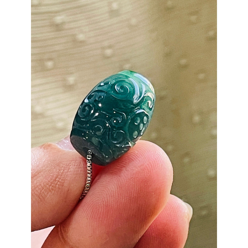 天然A貨翡翠 高質量 冰潤危藍12.5mm鳳凰于飛翡翠桶珠/頂珠 膠潤滿色底裝 精緻仿古鳳紋雕-細節圖4