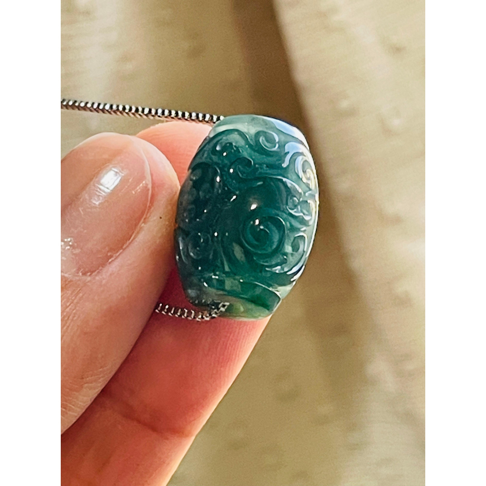 天然A貨翡翠 高質量 冰潤危藍12.5mm鳳凰于飛翡翠桶珠/頂珠 膠潤滿色底裝 精緻仿古鳳紋雕-細節圖5
