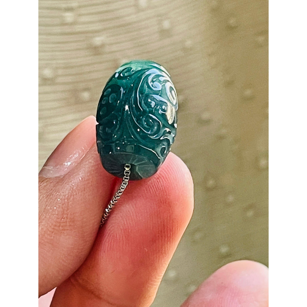 天然A貨翡翠 高質量 冰潤危藍12.5mm鳳凰于飛翡翠桶珠/頂珠 膠潤滿色底裝 精緻仿古鳳紋雕-細節圖7
