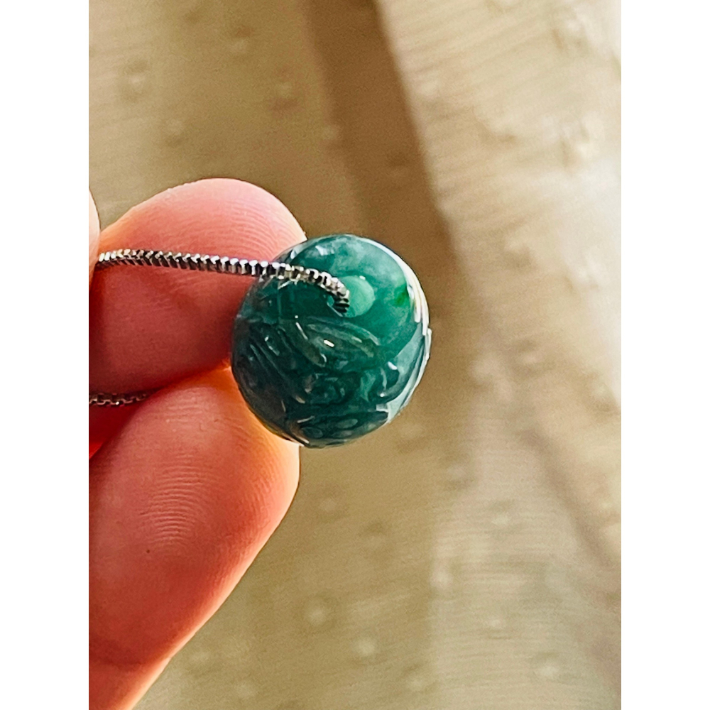 天然A貨翡翠 高質量 冰潤危藍12.5mm鳳凰于飛翡翠桶珠/頂珠 膠潤滿色底裝 精緻仿古鳳紋雕-細節圖8