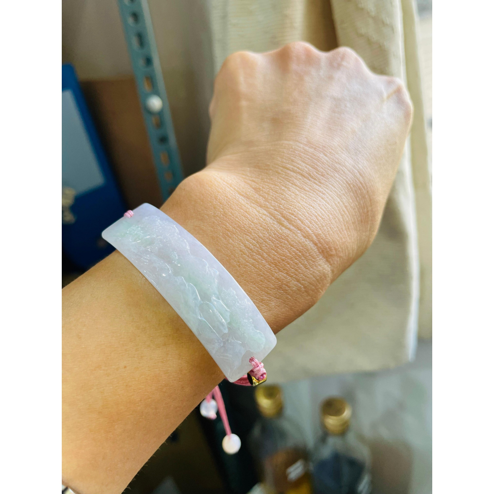 天然A貨緬甸玉 冰粉春彩繁花似錦翡翠山水手牌/手鍊15CM手圍可調 粉嫩紫 綠鮮亮 整塊色滿透手影-細節圖8