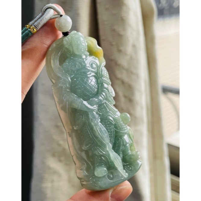 天然A貨緬甸玉 冰膠油綠俏黃韋馱(偉陀)菩薩翡翠大佛牌 起冰帶膠滿綠底色 俏一抹黃 精開莊嚴法像-細節圖3
