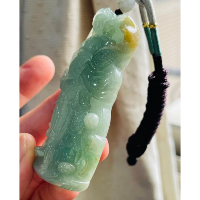 天然A貨緬甸玉 冰膠油綠俏黃韋馱(偉陀)菩薩翡翠大佛牌 起冰帶膠滿綠底色 俏一抹黃 精開莊嚴法像-細節圖4