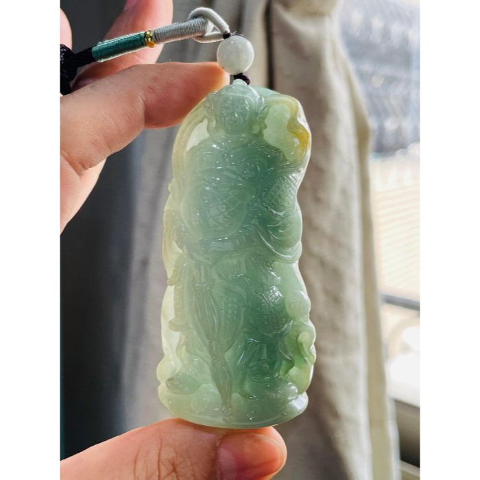 天然A貨緬甸玉 冰膠油綠俏黃韋馱(偉陀)菩薩翡翠大佛牌 起冰帶膠滿綠底色 俏一抹黃 精開莊嚴法像-細節圖8