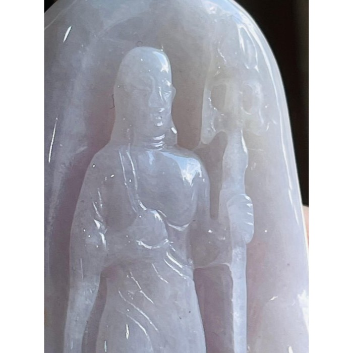 天然A貨緬甸玉 芙蓉種 細潤粉嫩紫地藏王菩薩翡翠佛牌 種老細肉色滿勻稱 完美一刀切透手影-細節圖2