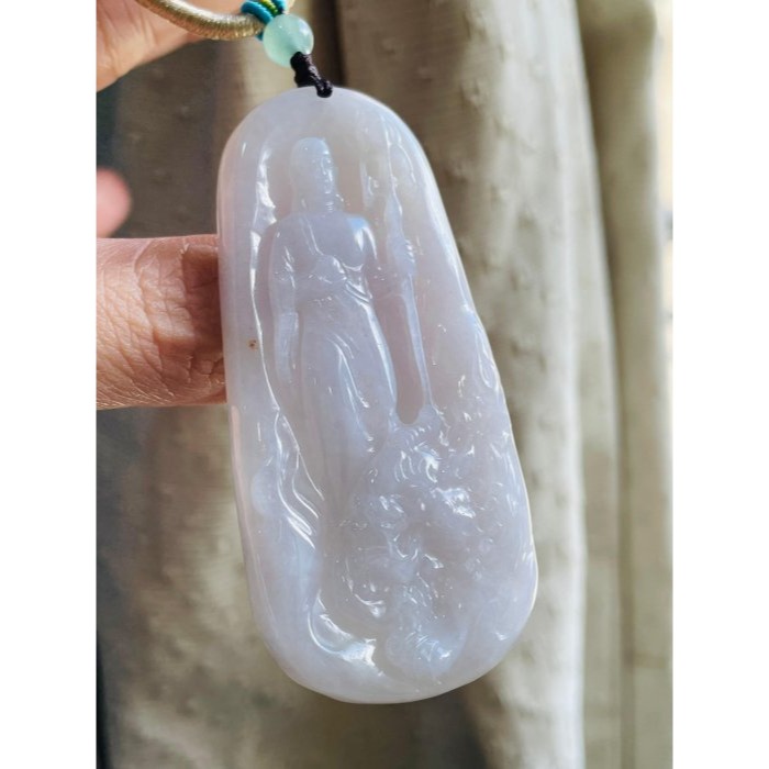 天然A貨緬甸玉 芙蓉種 細潤粉嫩紫地藏王菩薩翡翠佛牌 種老細肉色滿勻稱 完美一刀切透手影-細節圖3