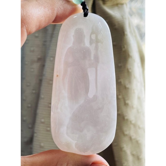 天然A貨緬甸玉 芙蓉種 細潤粉嫩紫地藏王菩薩翡翠佛牌 種老細肉色滿勻稱 完美一刀切透手影-細節圖8