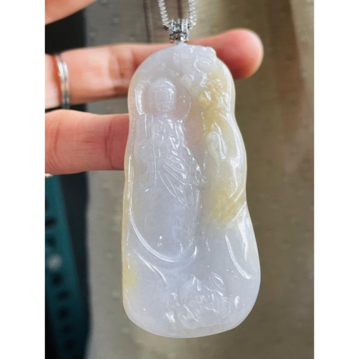 天然A貨緬甸玉 白冰帶灑金阿彌陀佛翡翠佛墜 冰潤帶點粉嫩底色 俏起冰梨黃 一刀切完美佛牌-細節圖3