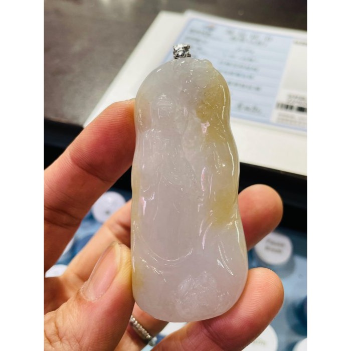 天然A貨緬甸玉 白冰帶灑金阿彌陀佛翡翠佛墜 冰潤帶點粉嫩底色 俏起冰梨黃 一刀切完美佛牌-細節圖9