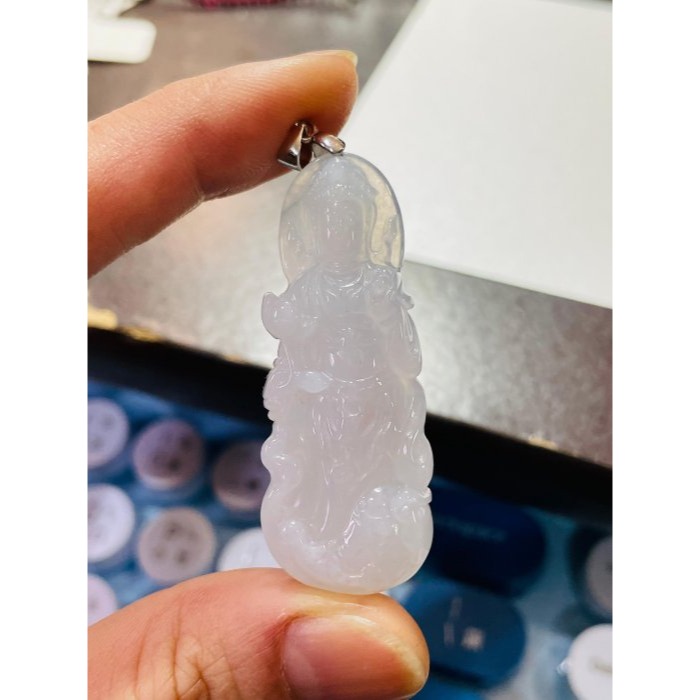 天然A貨緬甸玉 冰膠瑪瑙底庄 老坑白冰大勢至菩薩翡翠佛墜 種好水長 膠潤奶白透著粉色 法像慈悲莊嚴-細節圖9