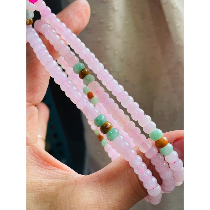 天然A貨緬甸玉 冰種粉色5.3mm算盤珠翡翠項鍊/萬能扣珠鍊 65cm長度 顆顆透繩 完美度95%-細節圖6