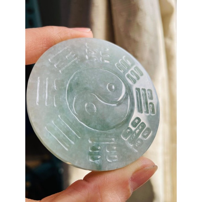 天然A貨緬甸玉 冰潤飄花太上老君急急如律令翡翠八卦玉牌 透手影膠潤底庄 雙面雕 有份量請留意尺寸-細節圖2