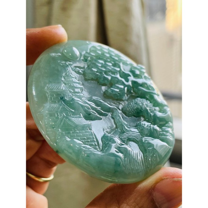 天然A貨緬甸玉 老坑冰湖綠帶飄花春風楊柳翡翠山水牌 滿綠底色 飄滿靈動藍綠花 完美一刀冰綠料-細節圖2