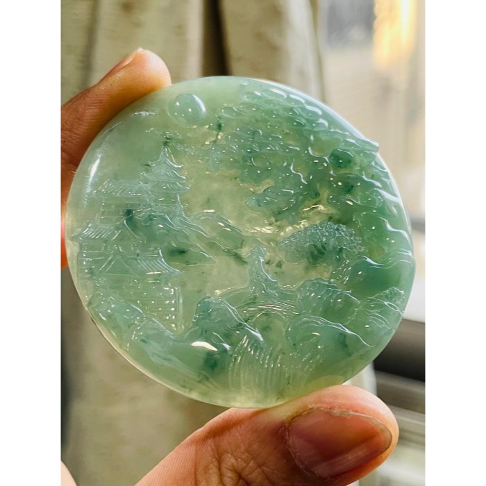 天然A貨緬甸玉 老坑冰湖綠帶飄花春風楊柳翡翠山水牌 滿綠底色 飄滿靈動藍綠花 完美一刀冰綠料-細節圖3