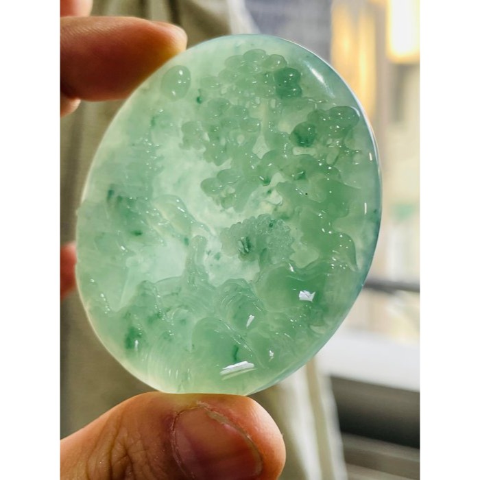 天然A貨緬甸玉 老坑冰湖綠帶飄花春風楊柳翡翠山水牌 滿綠底色 飄滿靈動藍綠花 完美一刀冰綠料-細節圖6