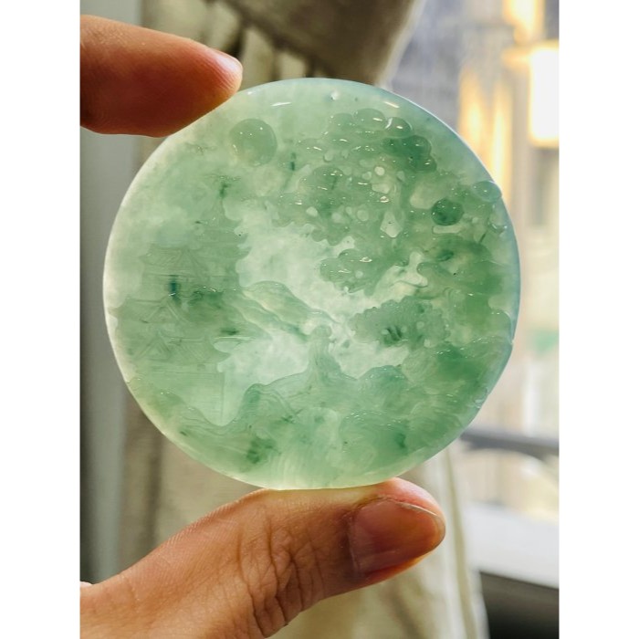 天然A貨緬甸玉 老坑冰湖綠帶飄花春風楊柳翡翠山水牌 滿綠底色 飄滿靈動藍綠花 完美一刀冰綠料-細節圖8