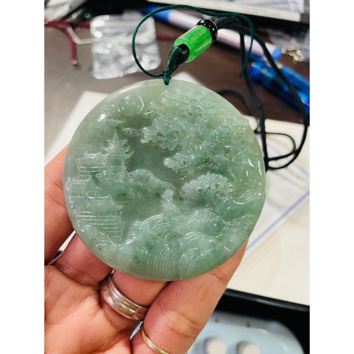 天然A貨緬甸玉 老坑冰湖綠帶飄花春風楊柳翡翠山水牌 滿綠底色 飄滿靈動藍綠花 完美一刀冰綠料-細節圖9