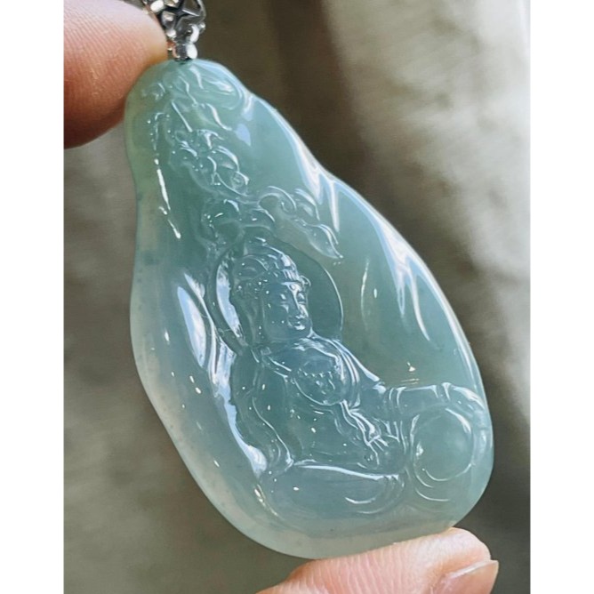 天然A貨緬甸玉 藏家件 木拿冰種藍綠自在觀音翡翠玉墜 木那冰起膠感滿底色 法像精開 完美一刀切 附台証-細節圖2
