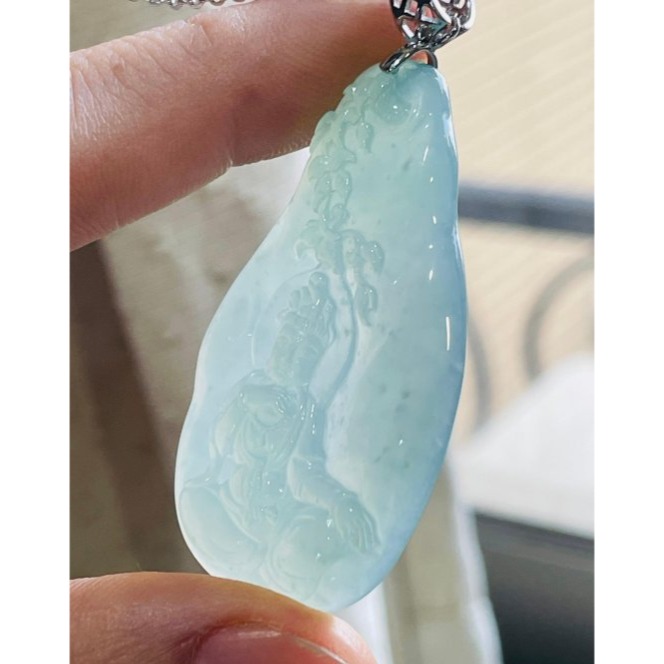天然A貨緬甸玉 藏家件 木拿冰種藍綠自在觀音翡翠玉墜 木那冰起膠感滿底色 法像精開 完美一刀切 附台証-細節圖5