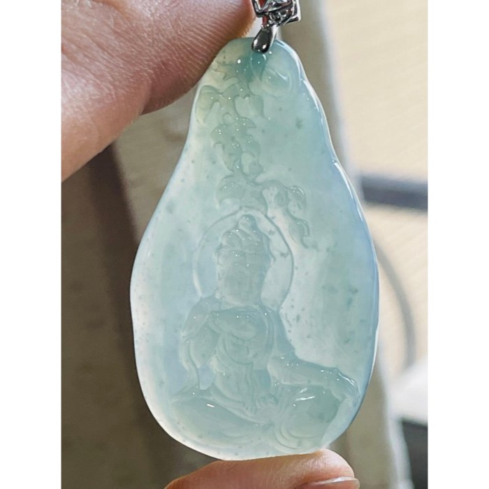 天然A貨緬甸玉 藏家件 木拿冰種藍綠自在觀音翡翠玉墜 木那冰起膠感滿底色 法像精開 完美一刀切 附台証-細節圖7