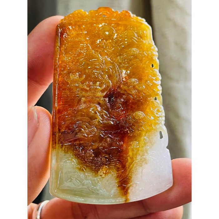 天然A貨緬甸玉 老坑漸變紅三彩手工雙面雕聽雨觀雲翡翠山水牌 起冰過底橘紅老紅 帶分明白冰淡綠 附台証-細節圖2