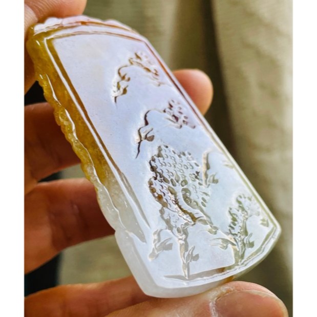 天然A貨緬甸玉 老坑漸變紅三彩手工雙面雕聽雨觀雲翡翠山水牌 起冰過底橘紅老紅 帶分明白冰淡綠 附台証-細節圖3