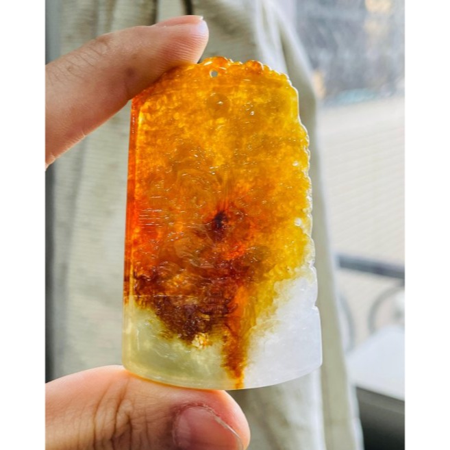 天然A貨緬甸玉 老坑漸變紅三彩手工雙面雕聽雨觀雲翡翠山水牌 起冰過底橘紅老紅 帶分明白冰淡綠 附台証-細節圖8