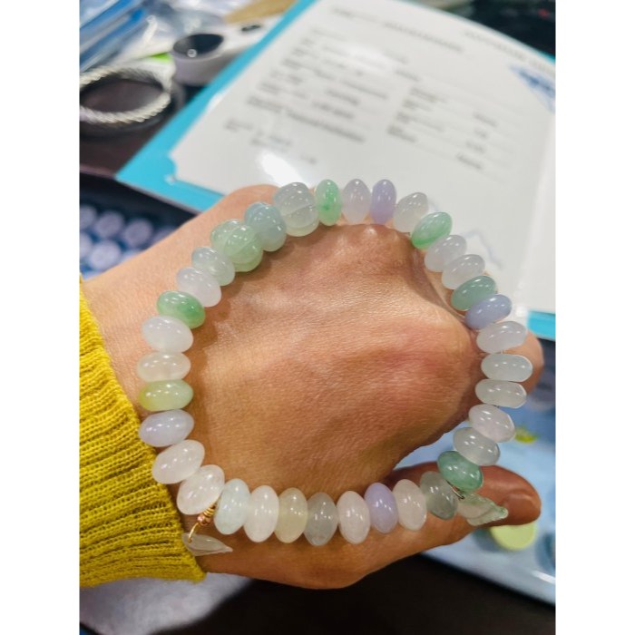 天然A貨緬甸玉 冰種多寶鼓珠8.5mm翡翠手串/手鍊 顆顆乾淨色多彩 夢幻馬卡龍 附台証高貨手珠-細節圖9