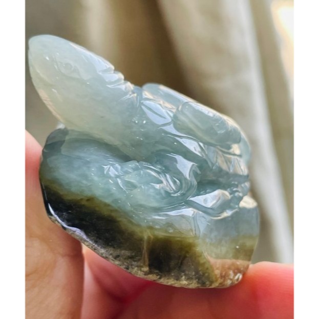 天然A貨緬甸玉 冰膠油青帶原皮手工雕玄武翡翠擺件 起膠灰油肉帶黃原皮 皮肉分明立體俏雕-細節圖5