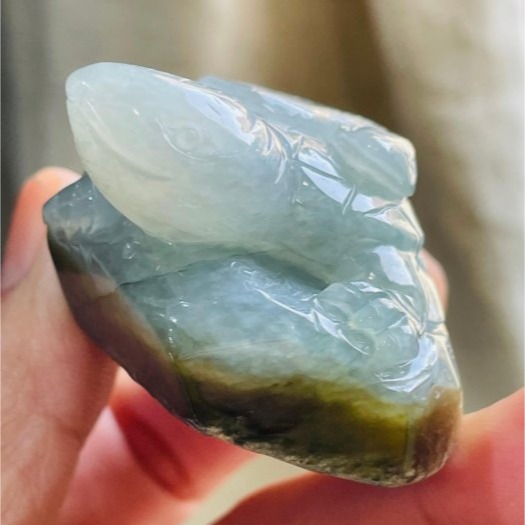 天然A貨緬甸玉 冰膠油青帶原皮手工雕玄武翡翠擺件 起膠灰油肉帶黃原皮 皮肉分明立體俏雕-細節圖6