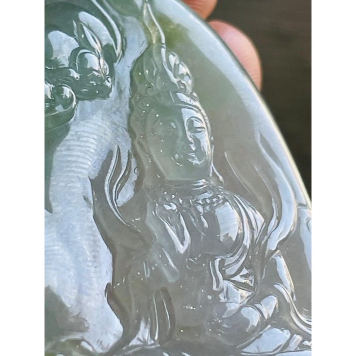 天然A貨緬甸玉 冰種小三彩如意寶珠觀音翡翠佛牌 冰透字方正圓潤牌形 法像莊嚴慈悲 附台証-細節圖3