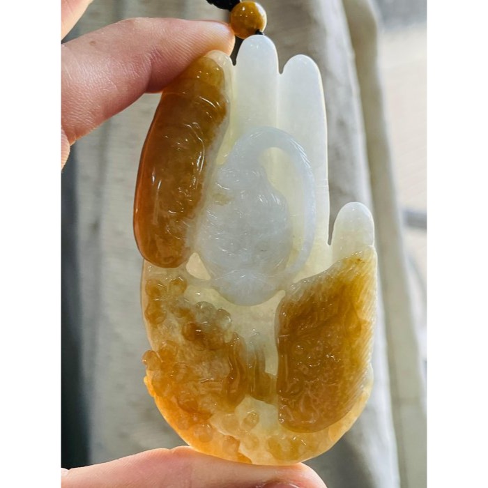 天然A貨緬甸玉 老坑黃雙彩全立體特色雕五指山收悟空翡翠佛牌 起冰油黃霧俏佛魔一念 綠肉巧如來五指 孫悟空-細節圖7