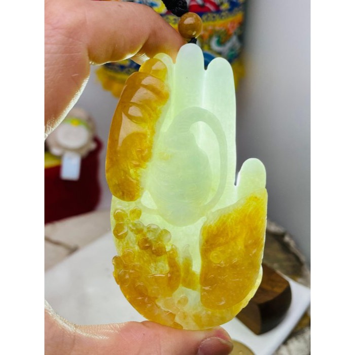 天然A貨緬甸玉 老坑黃雙彩全立體特色雕五指山收悟空翡翠佛牌 起冰油黃霧俏佛魔一念 綠肉巧如來五指 孫悟空-細節圖9