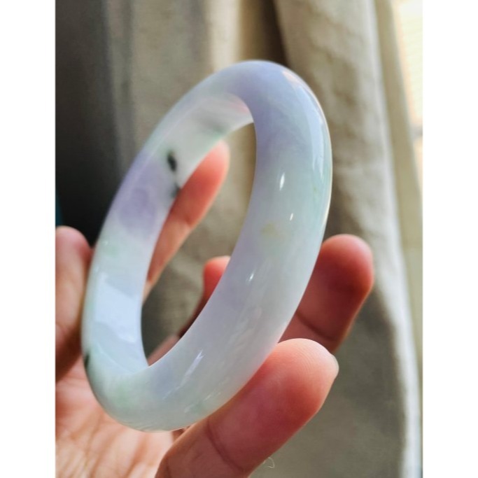 天然A貨緬甸玉 細潤粉春彩帶飄花厚條翡翠平安鐲56 18圍 無晶體細肉底妝 亮紫粉綠 粉嫩春天色系-細節圖3
