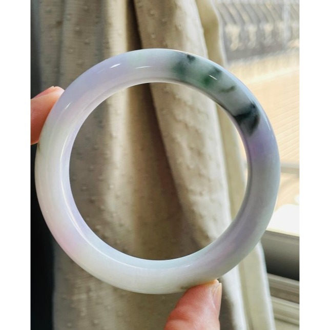 天然A貨緬甸玉 細潤粉春彩帶飄花厚條翡翠平安鐲56 18圍 無晶體細肉底妝 亮紫粉綠 粉嫩春天色系-細節圖7