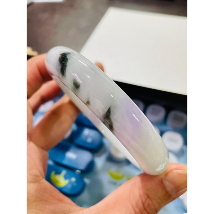 天然A貨緬甸玉 細潤粉春彩帶飄花厚條翡翠平安鐲56 18圍 無晶體細肉底妝 亮紫粉綠 粉嫩春天色系-細節圖9