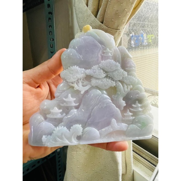 天然A貨緬甸玉 水潤亮春彩俏金手工雕滿園春色翡翠山水擺件 過底粉嫩紫綠滿色 金太陽高掛點綴-細節圖2