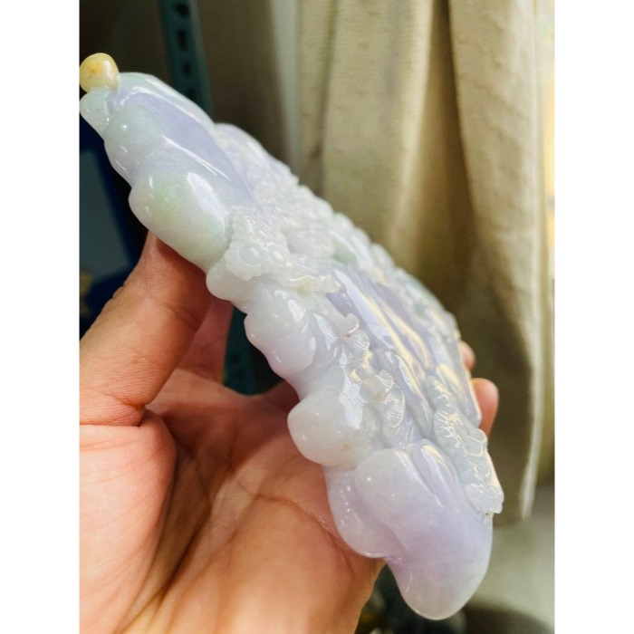 天然A貨緬甸玉 水潤亮春彩俏金手工雕滿園春色翡翠山水擺件 過底粉嫩紫綠滿色 金太陽高掛點綴-細節圖5