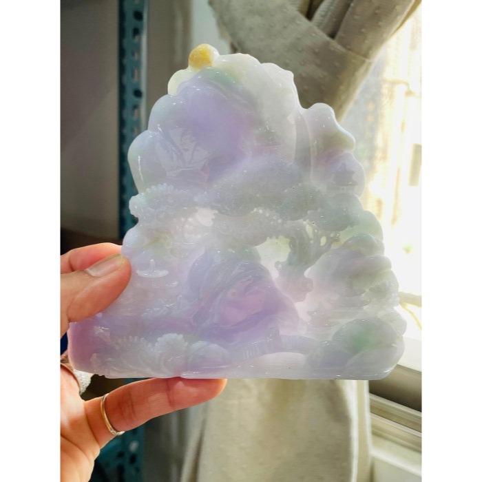 天然A貨緬甸玉 水潤亮春彩俏金手工雕滿園春色翡翠山水擺件 過底粉嫩紫綠滿色 金太陽高掛點綴-細節圖8