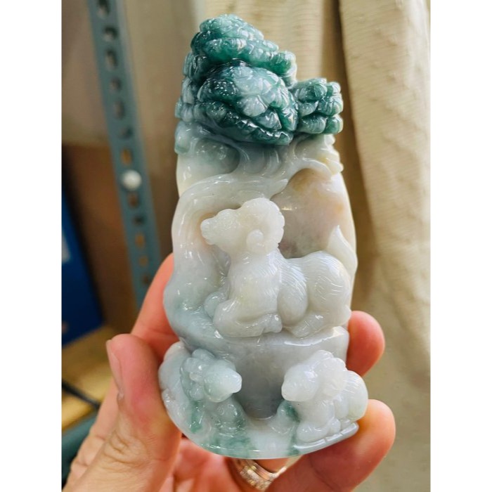 天然A貨緬甸玉 老坑三彩手工俏雕三陽開泰翡翠擺件 藍水橘紅白膠肉 枝葉茂盛老藍 全立體山羊-細節圖2