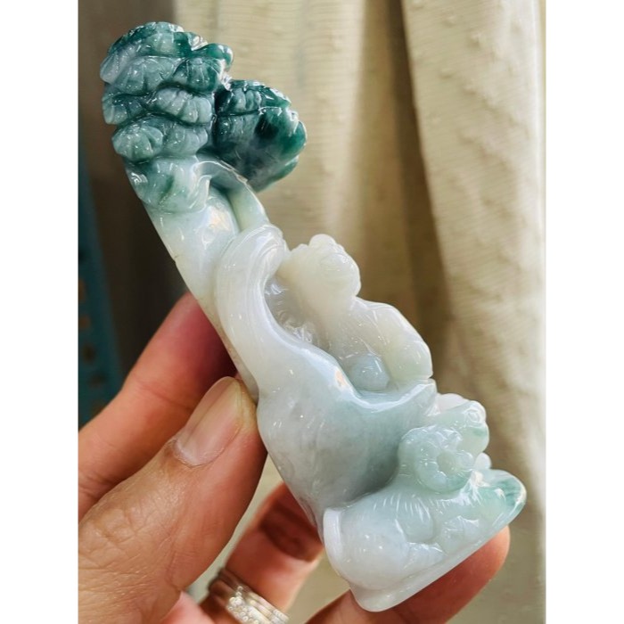 天然A貨緬甸玉 老坑三彩手工俏雕三陽開泰翡翠擺件 藍水橘紅白膠肉 枝葉茂盛老藍 全立體山羊-細節圖4